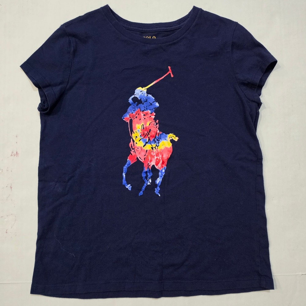 Polo Ralph Lauren Girls Navy Big Pony Watercolor Graphic T-Shirt Size M 8-10